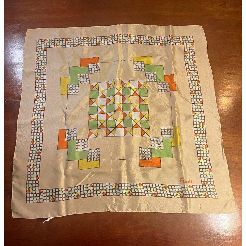 VTG MCM Retro Paoli Women’s Beige Twill Square Scarf Geometric Multicolor